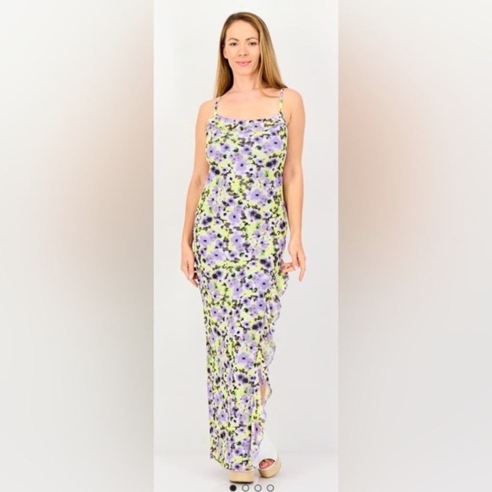 Forever 21 Purple Yellow Floral Strap Maxi Side Slit  Dress size M